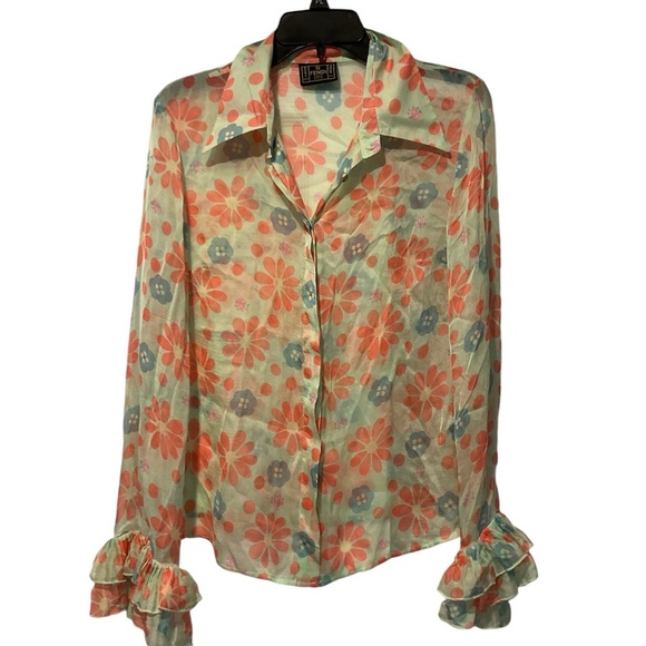 Fendi Silk Floral Flower Sheer Button Up Dress Blouse Shirt Top Y2K Party sz 10 - Picture 1 of 8